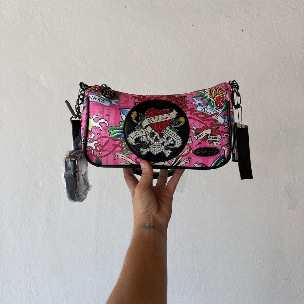 Ed‎ Hardy Love Kills Slowly Pink Rhinestone Hobo Bag Y2K Purse NWT